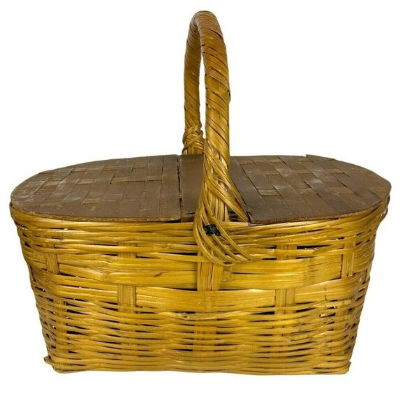 Vintage Wicker Picnic Basket With Wood Double Hinged Lid Farmhouse Style - Picture 1 of 12